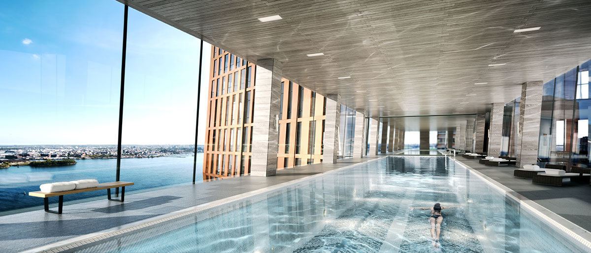 Rendering of the Sky Bridge Pool at the American Copper Buildings.
