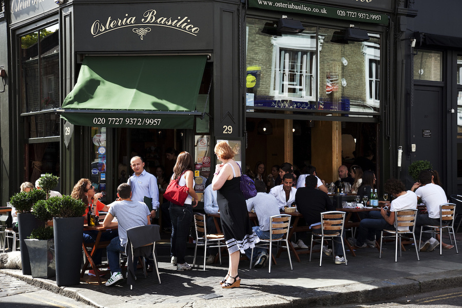 Kensington Park Road restaurant in a street scene in Notting Hill, West London, made famous by the mo