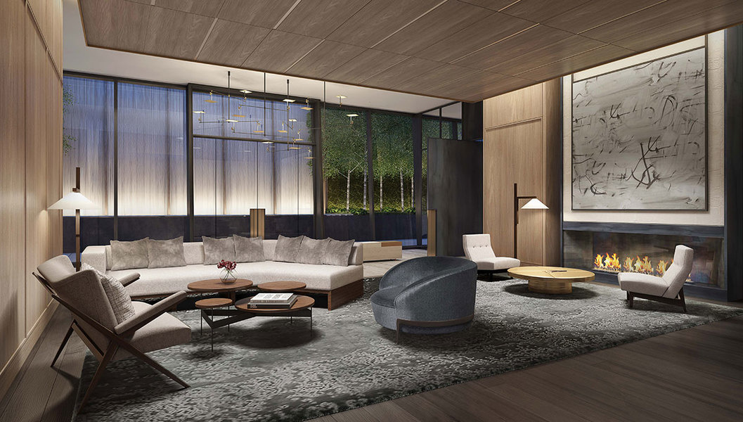 Rendering: At 111 Murray, a sprawling lounge with 15-foot ceilings, plush seating and an oversize sto