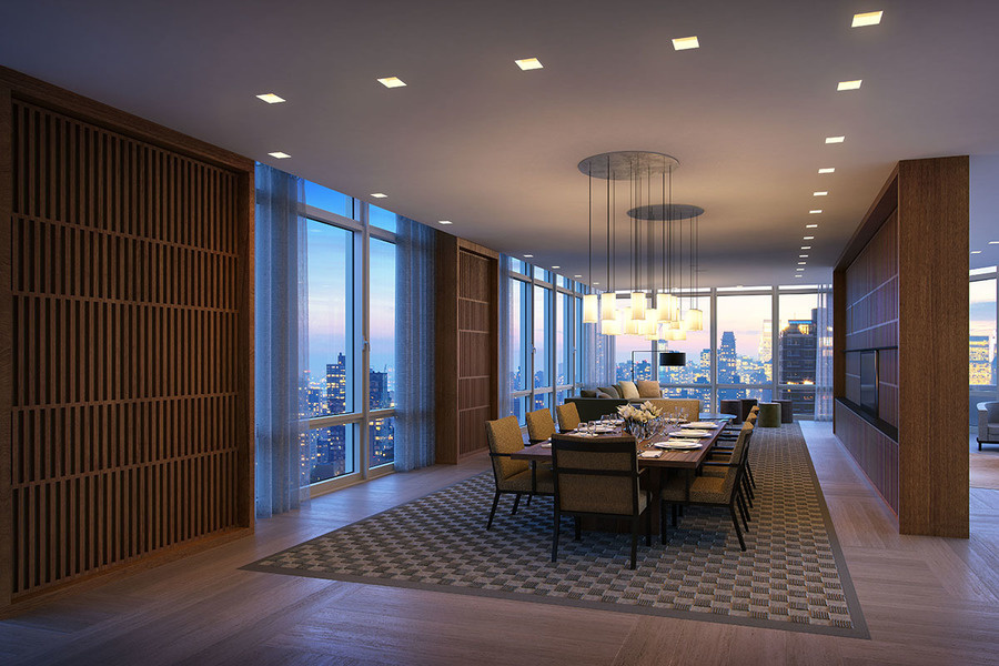 图为开发项目Easton一套出租公寓的餐厅,采用落地大窗并铺有橡木地板。